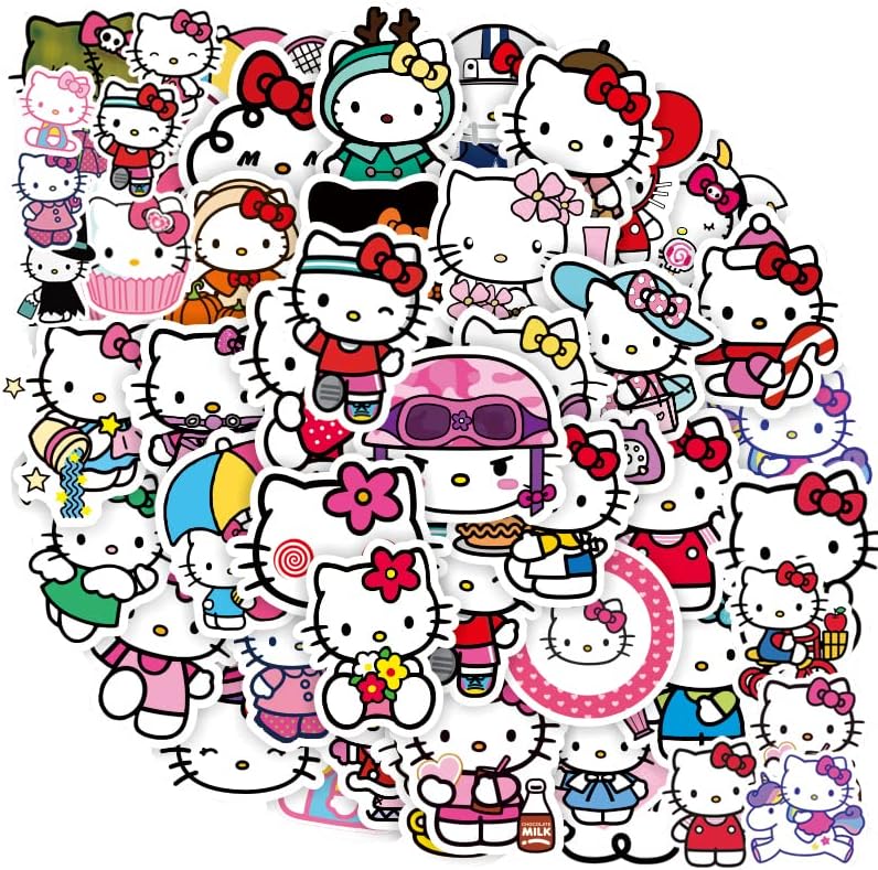 50Pcs Hello Kitty Stickers Waterproof for Phone Laptop Water Bottle Skateboard Luggage Car Bumper Mirror Diary Book Cup Door Window, Kawaii Sticker Accessories for Girls Kids Teens