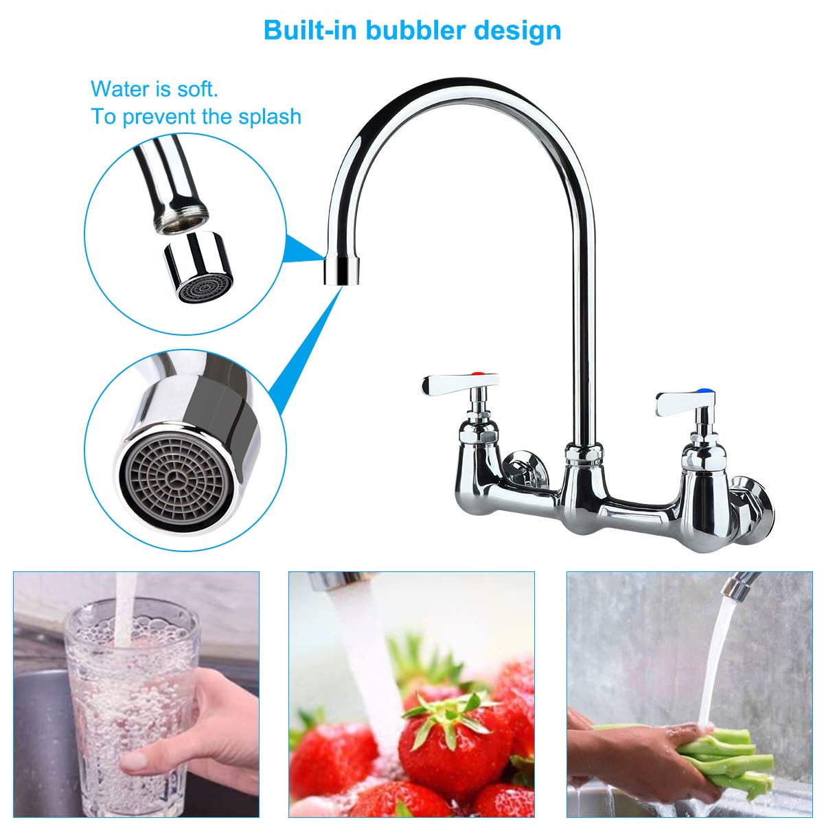Coolwest - Grifo de pared comercial de 8 pulgadas, centro con caño giratorio de cuello de cisne de 8 pulgadas, 2 manijas de latón resistente para fregadero de cocina, acabado cromado
