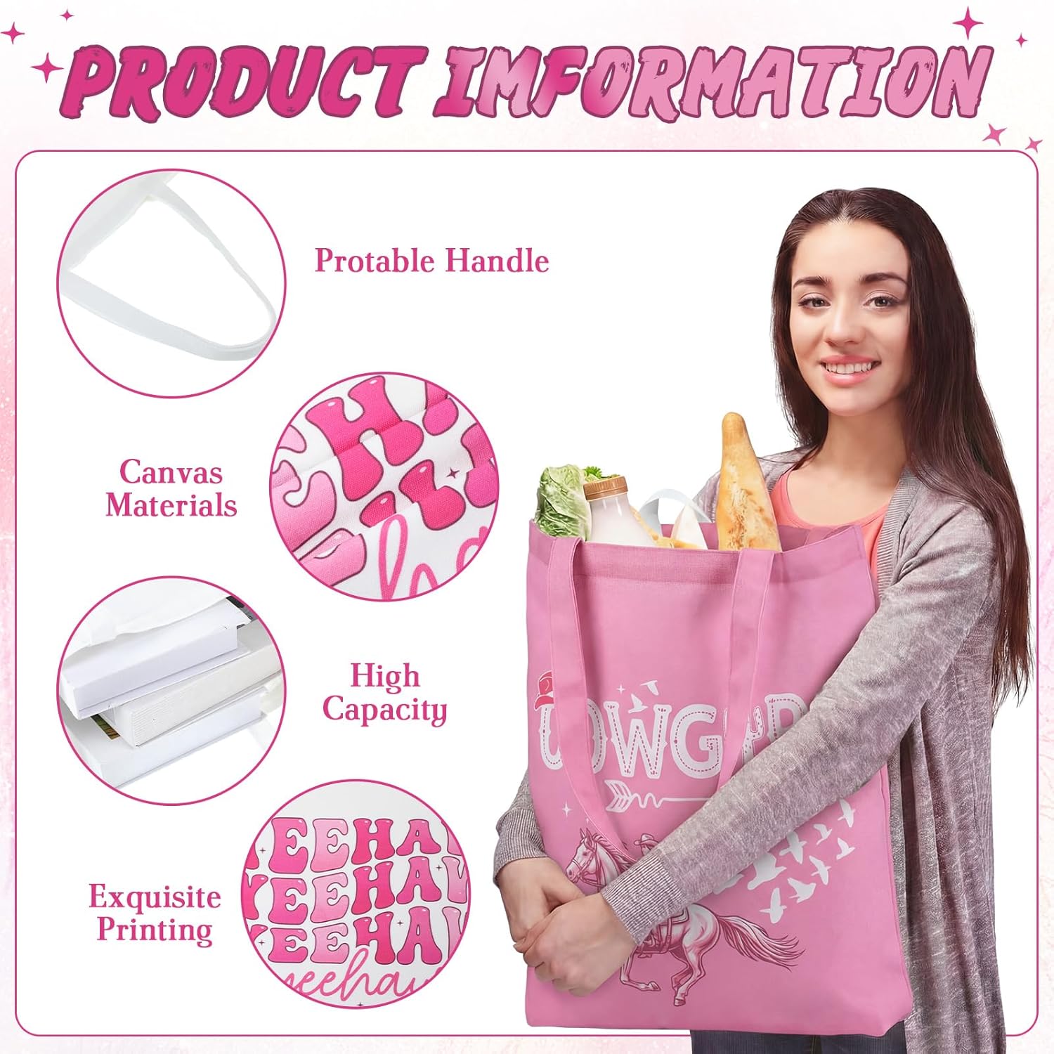 Sadnyy 12 Pcs Western Pink Cowgirl Canvas Tote Bags Bulk Teacher Gifts for Women Western Party Favors Cute Coquette Bag with Zippers Cowgirls Accessories for Women Birthday Stuff Supplies