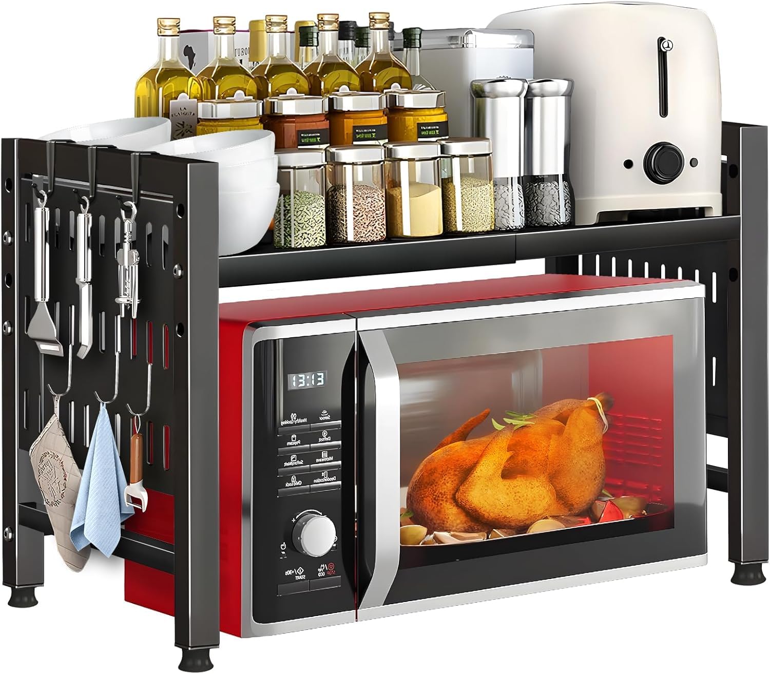 Mensola Microonde Estensibile, Regolabile Due Livelli Microonde Scaffale, Scaffale Salvaspazio Acciaio Carbonio Ripiano Contatore Cucina Organizzatore Ripiani, Scaffale Cucina con 6 Ganci