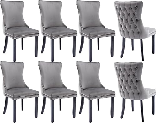 Miniatura 11 de Juego de 4 sillas de comedor de terciopelo, sillas de comedor tapizadas con respaldo de alas altas con ribete de cabeza de clavo, patas de madera 19