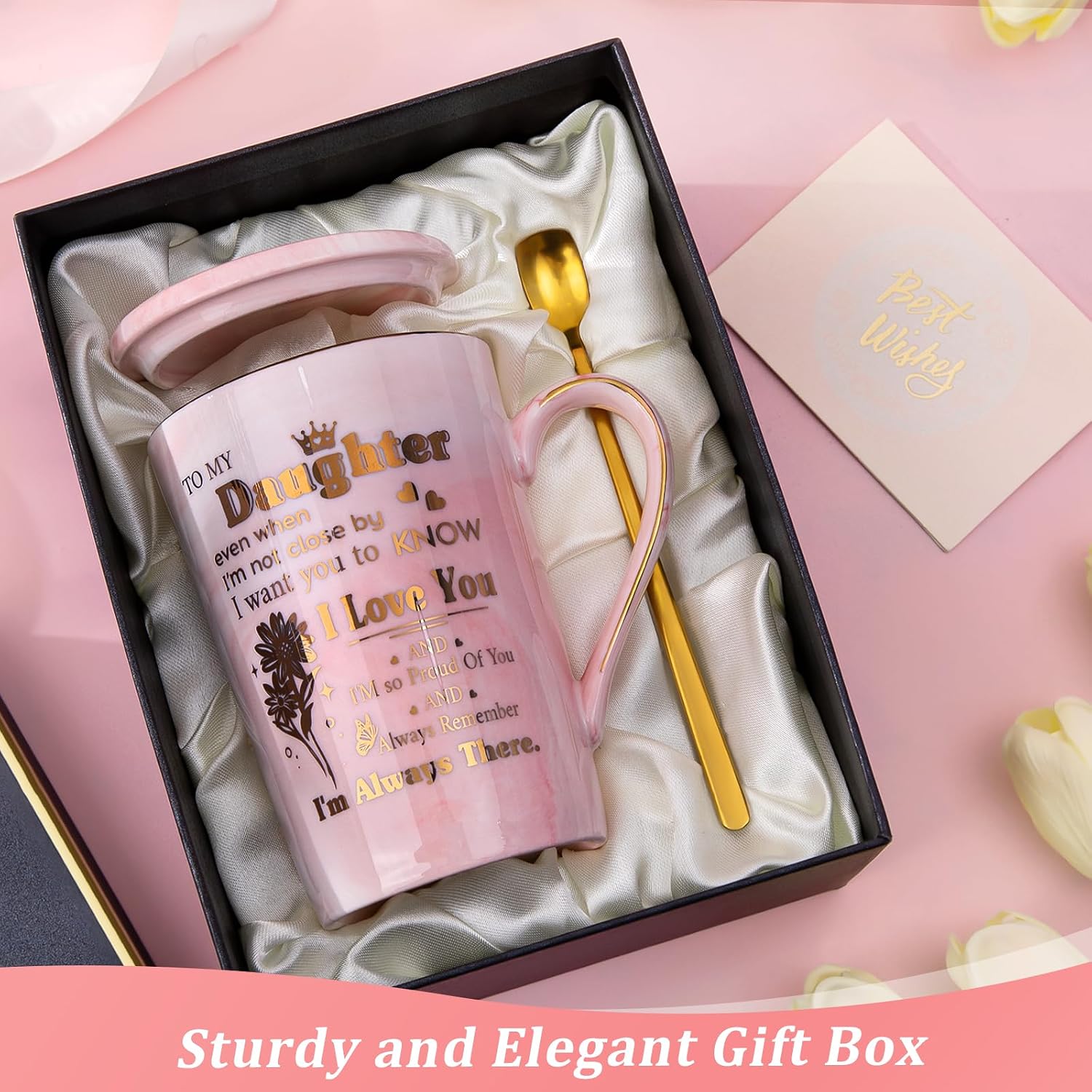 Daughter Birthday Gifts from Mom Dad - Unique 14oz Pink Mug with Gold Print image 5