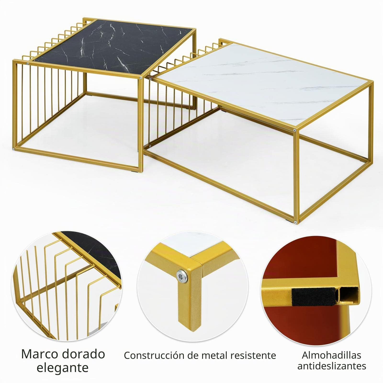 LIFEZEAL Juego de 2 mesas de café Nido con Aspecto de mármol | Mesas auxiliares rectangulares con marco de acero dorado para salón y oficina