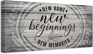 New Home New Beginning New Memories - 12" x 24" Canvas Wall Art (Printed on Canvas, Not Wood)- Stretched on a Heavy Wood Frame - Perfect for Above a Couch - Makes a Great Housewarming Gift
