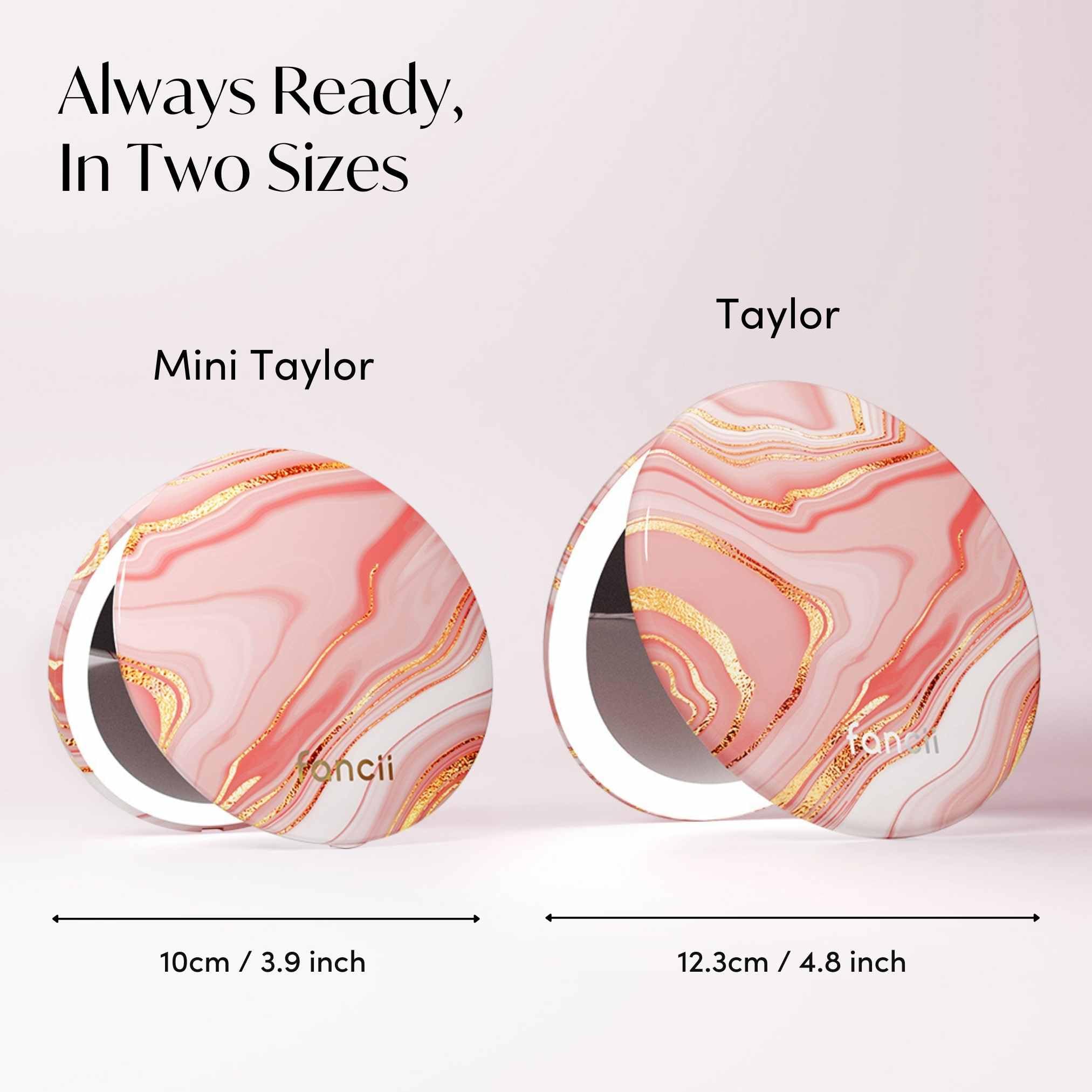 Fancii Mini Taylor - Espejo de aumento compacto con luz LED, 10x/1x, recargable, 3 ajustes de luz, regulable, pequeño espejo de mano iluminado para bolsillo, bolso, bolso, 2 caras (rosa mármol)