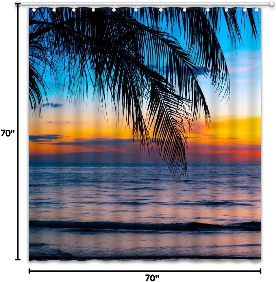 Sunset Beach Shower Curtain Ocean Palm Leaves Coconut Tree Seaside Seascape Tropical Hawaii at Dusk Summer Exotic Scenery Bathroom Bathtub Curtain Decoration with Hooks