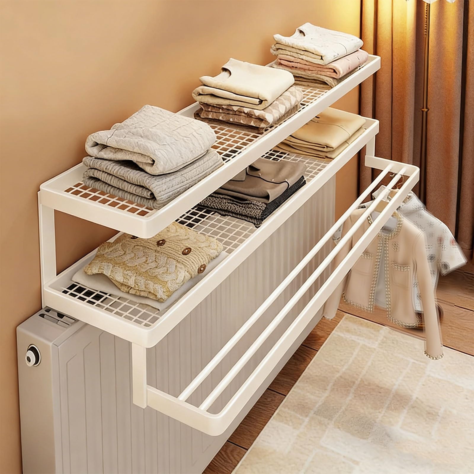 Pxamortel White Floating Radiator Storage Shelf Rack Radiator Shelf Layered Wrought Iron Multicolor 40-60X23x19cm(,60X23x19cm)