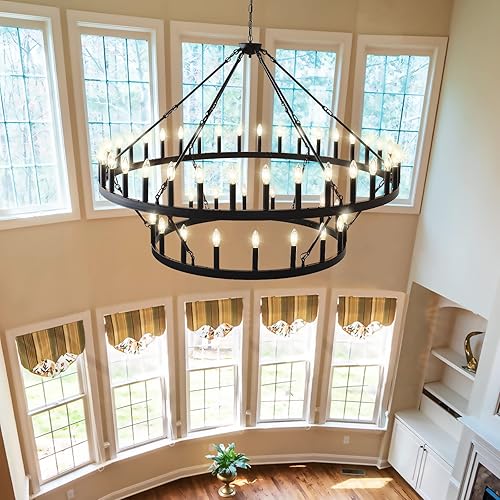 Miniatura 3 de Yikrfiae Lámpara de araña de rueda negra de 2 niveles 54 luces 60 pulgadas extra grande para casa de campo iluminación colgante redonda rústica para