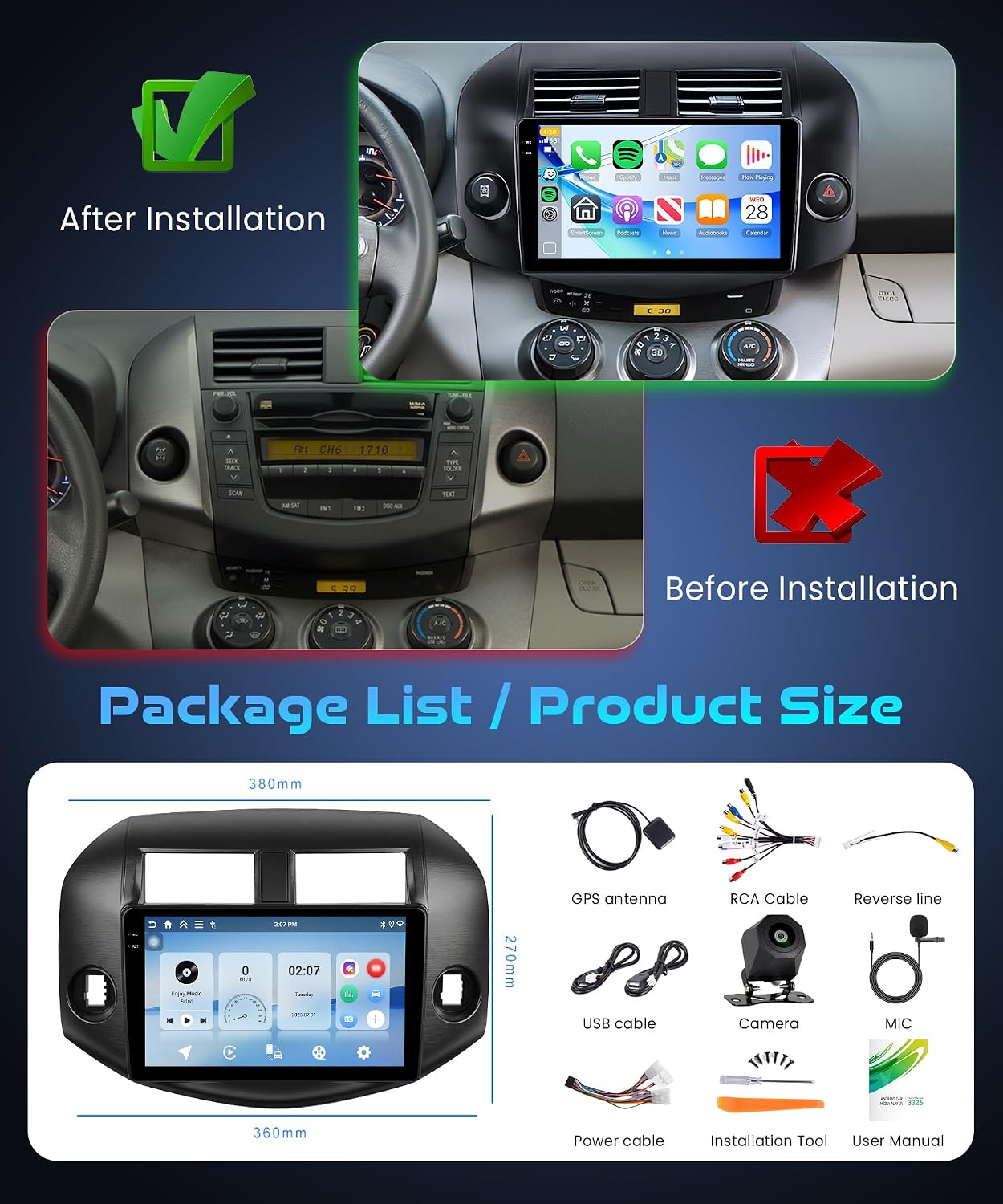 Rimoody 4G+128G Android 15 Car Stereo for Toyota RAV4 2006-2012 Wireless Carplay Android Auto, 10.1'' in-Cell Screen Car Radio with GPS/Bluetooth 5.0/FM RDS/EQ/5GWi-Fi Mirror Link Backup Camera SWC