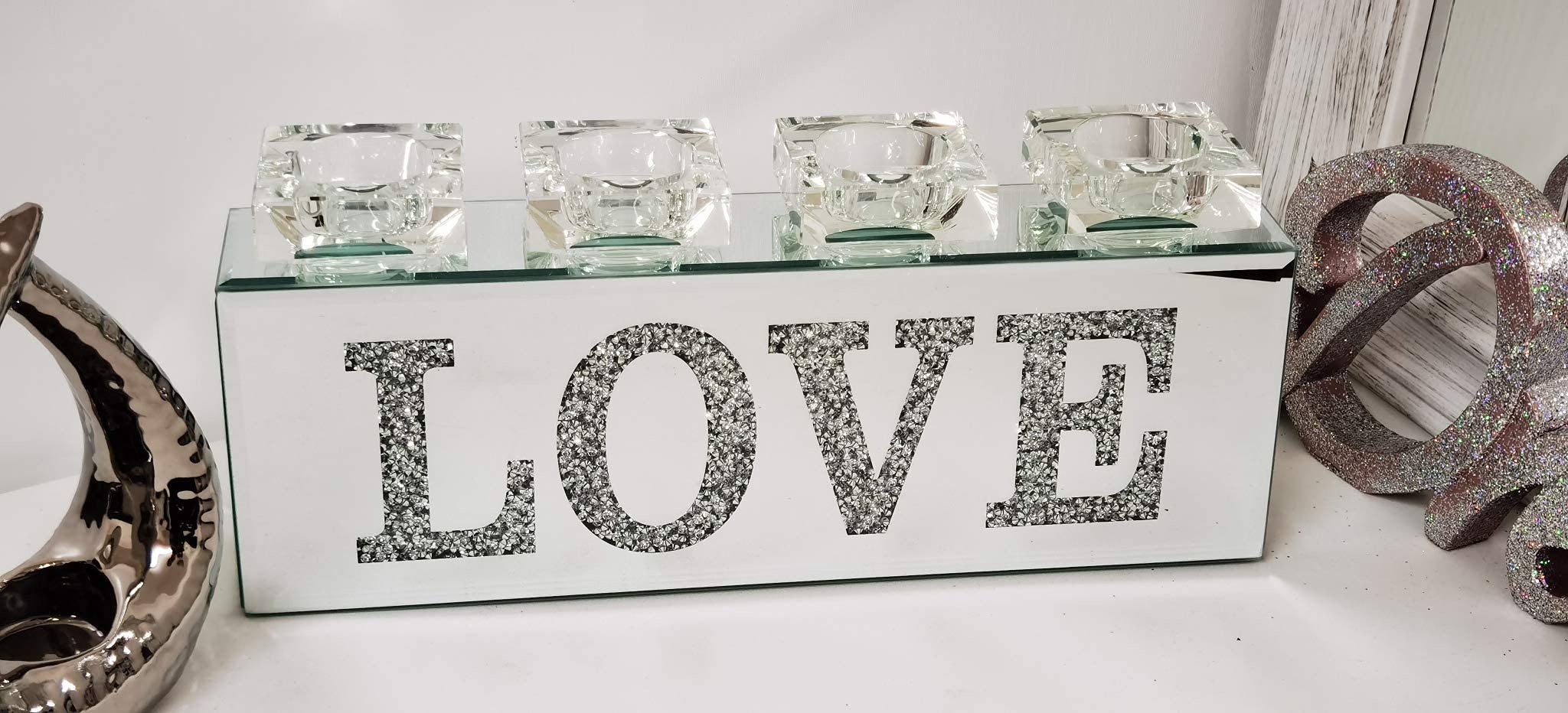 Biznest Crushed Diamond Love Mirror Tealight Candle Holder, Home Decor, Gift The World'S Largest Candle Holder Collection Of Biznest Store