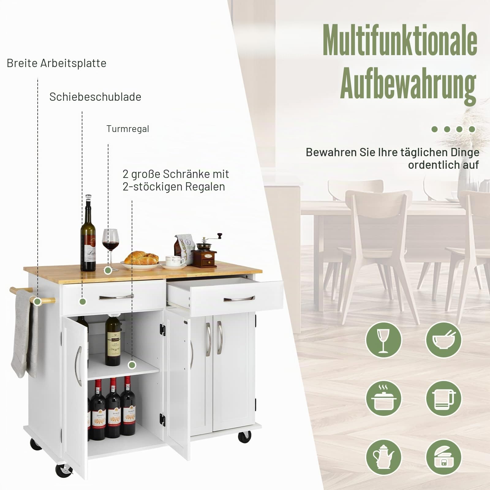 GIANTEX Küchenwagen mit Arbeitsplatte, Servierwagen mit Rollen, Küchenschrank mit 2 Schubladen & 2 Handtuchhaltern & 4 Türen, Kücheninsel mit verstellbaren Regalen, Küchentrolley Holz 122x48x92,5 cm