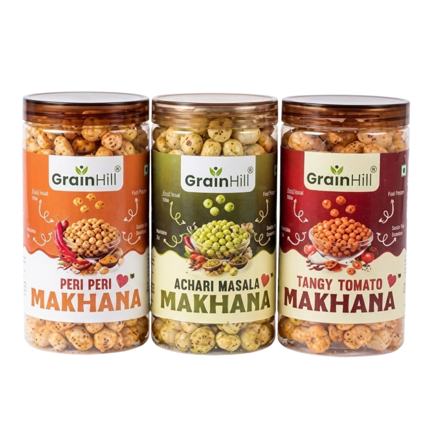 GrainHill Roasted Makhana Combo Pack of . Tangy Tomato, Achari Masala & Peri Peri Flavors | Healthy Fox Nuts Snack | High Protein, Low Calorie | Gluten-Free | Crunchy Ready-to-Eat Premium Jar (Pack Of 3)-image-33