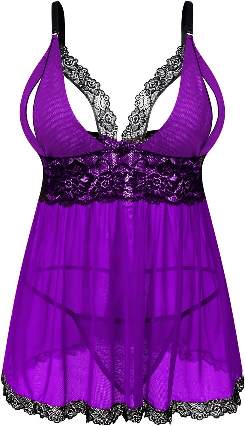 Plus Size Babydoll Lingerie Set for Women Sexy Mesh Lace Nightwear Adjustable Straps V Neck Chemise with Panty