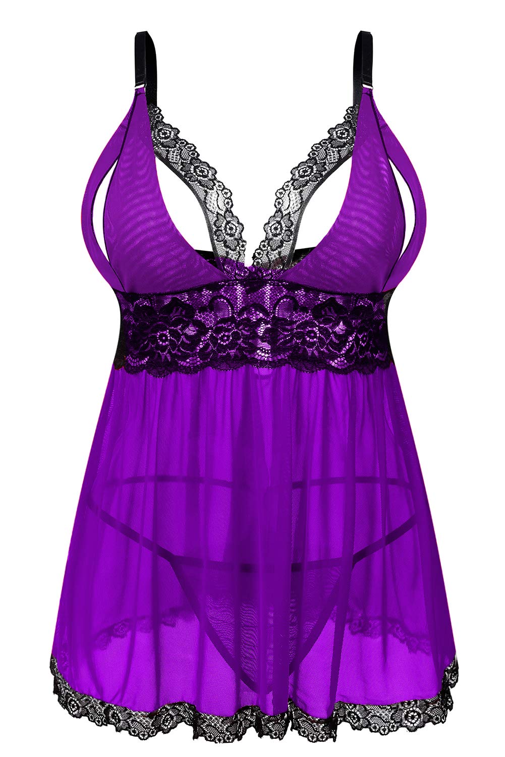 Donnalla Plus Size Babydoll Lingerie Set for Women Sexy Mesh Lace Nightwear Adjustable Straps V Neck Chemise with Panty