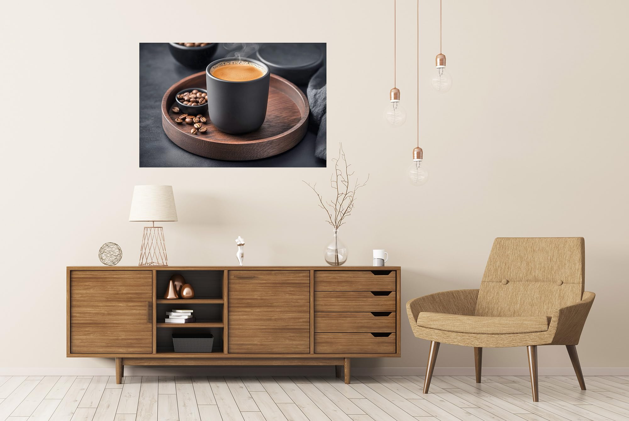 islandburner Prime XXL - Póster de café de la mañana con granos de café en bandeja de madera, imágenes de alta calidad