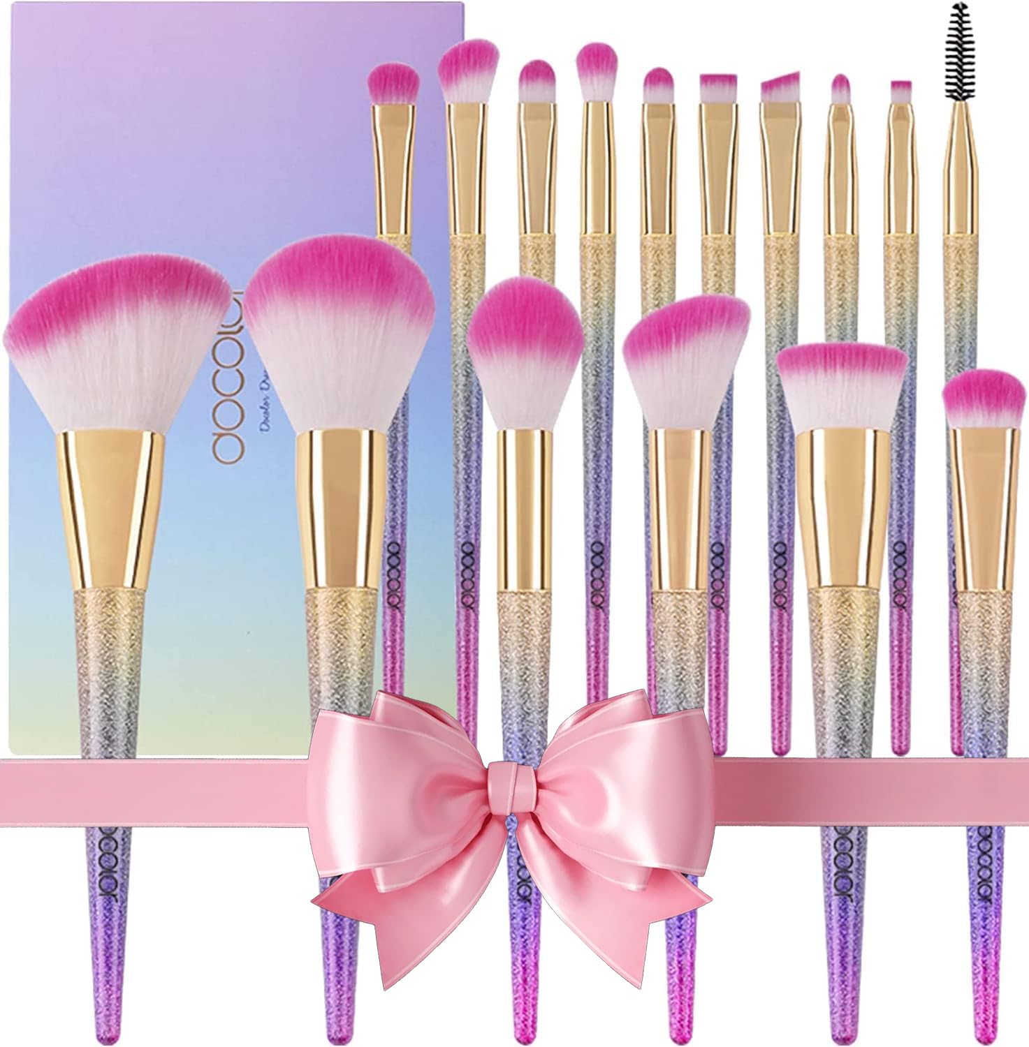 docolor 16Pcs Makeup Brushes Set, Professional Make Up Brushes with Gift Box, Foundation Eyebrow Concealer Eyeshadow Bronzer Blush Contour Powder Eyeline Lip Makeup Brush Set, Rainbow Series