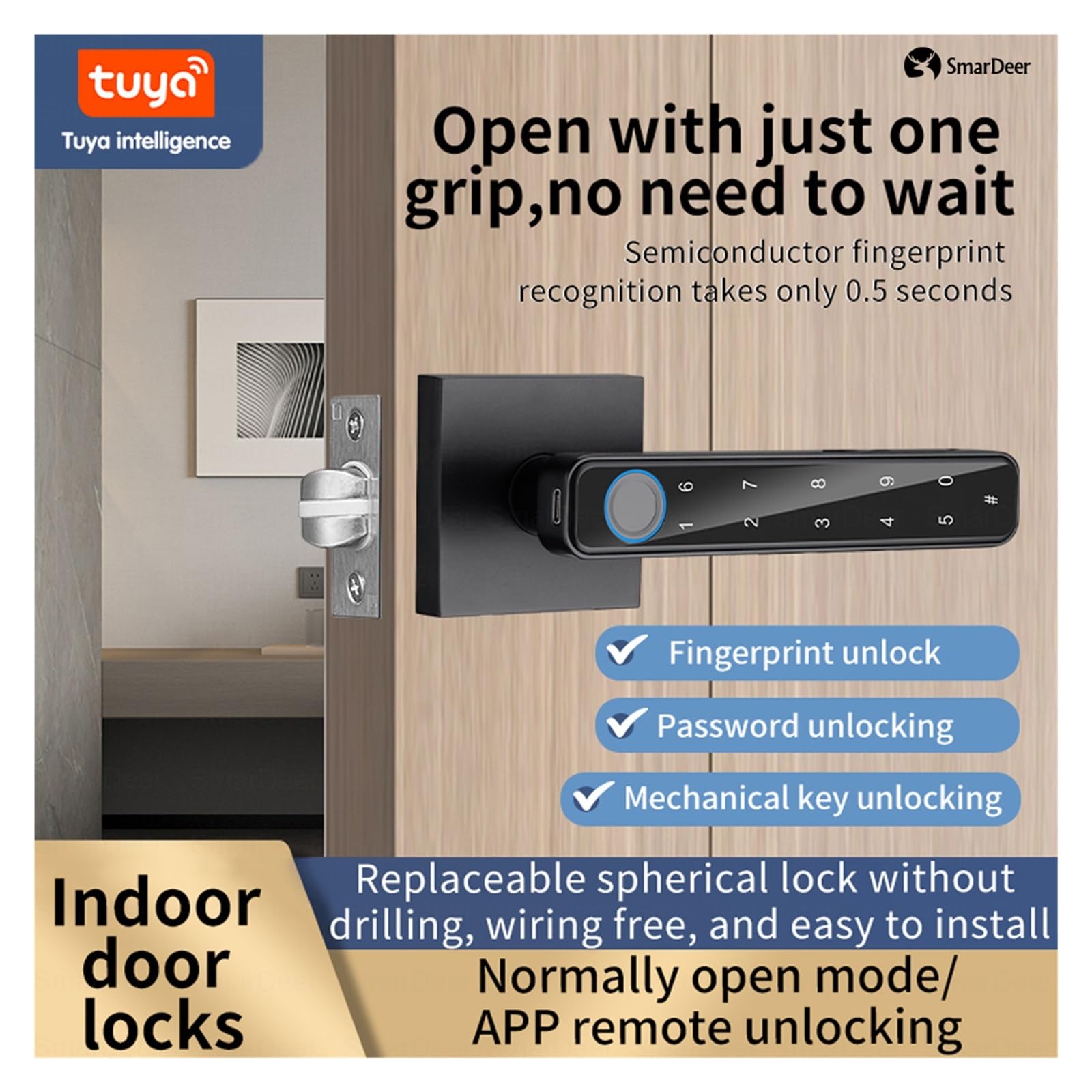 Serratura elettronica SmarDeer per SmartLife Smart Lock con sblocco Bluetooth di telefoni cellulari, impronta digitale e codice senza chiave (Colore : Sliver) wisdom