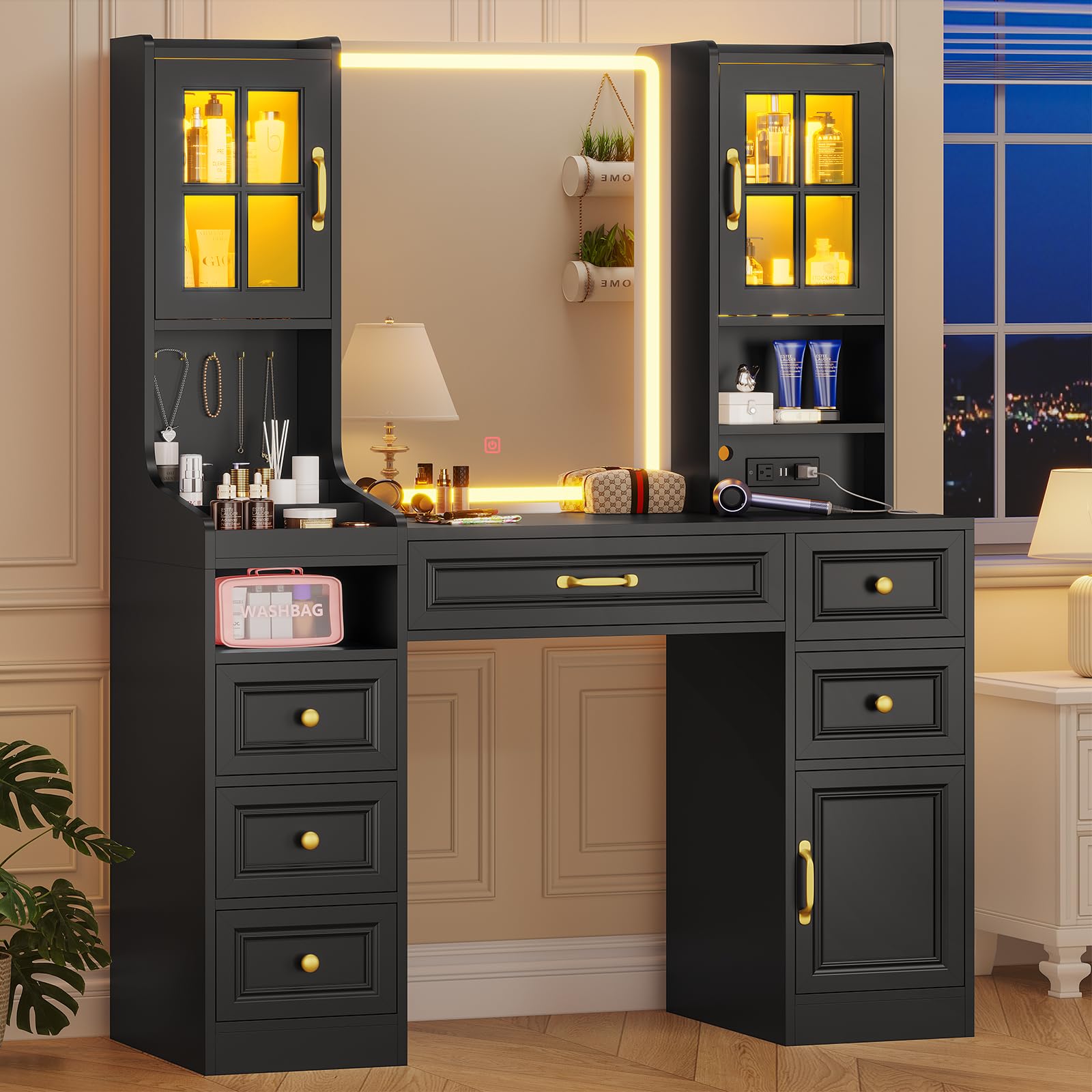 Black Vanity Desk with Touch Screen Mirror and Lights & Charging Station, Large Makeup Vanity with RGB Light Cabinets, 6 Drawers, 5 Jewelry Hooks, Vanity Table with Lighted Mirror