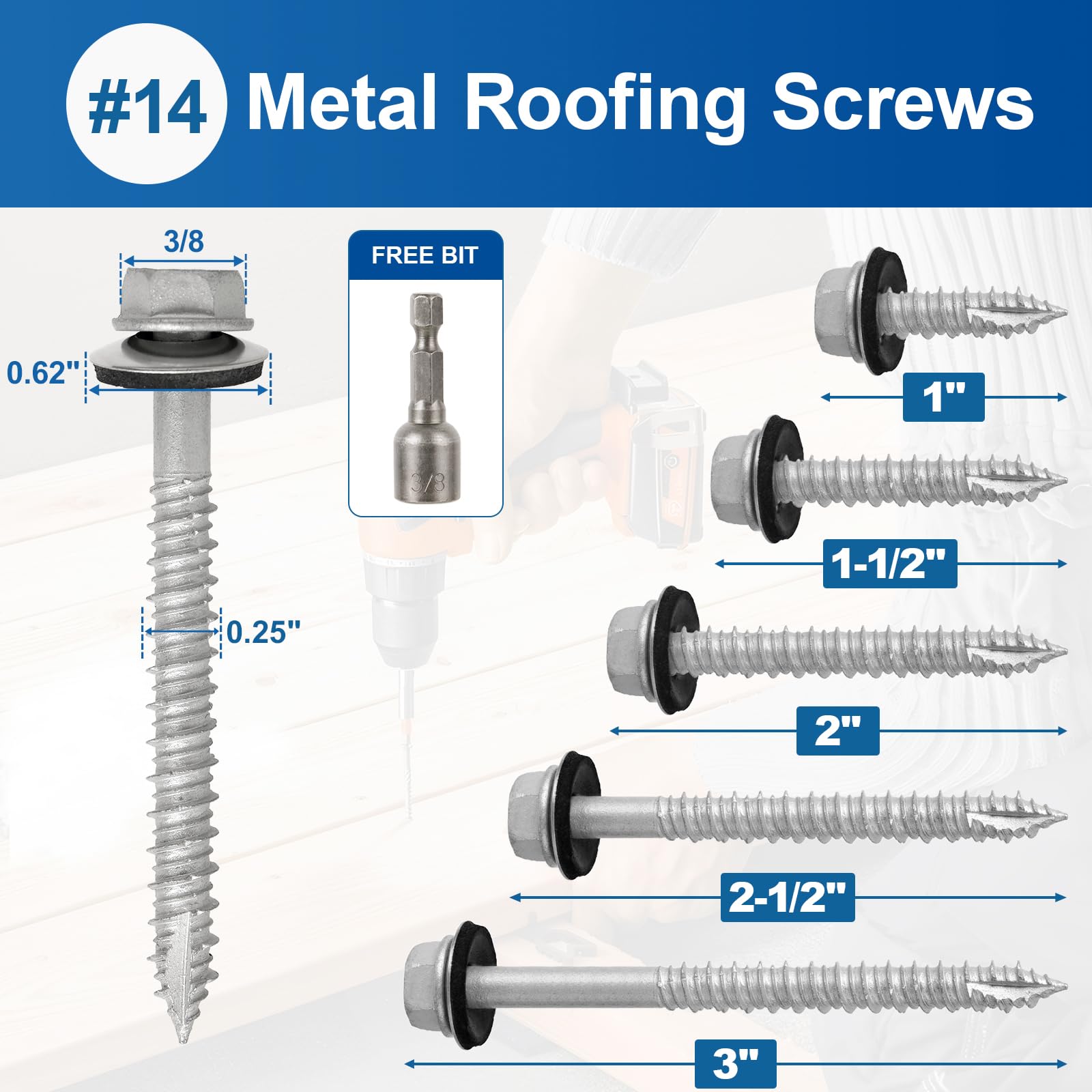 FMhotu Tornillos de metal para techos #14 x 3 pulgadas, 320 unidades, cabeza hexagonal, revestimiento Rustpert, tornillo de revestimiento de chapa metálica a madera con arandela de goma EPDM, punta