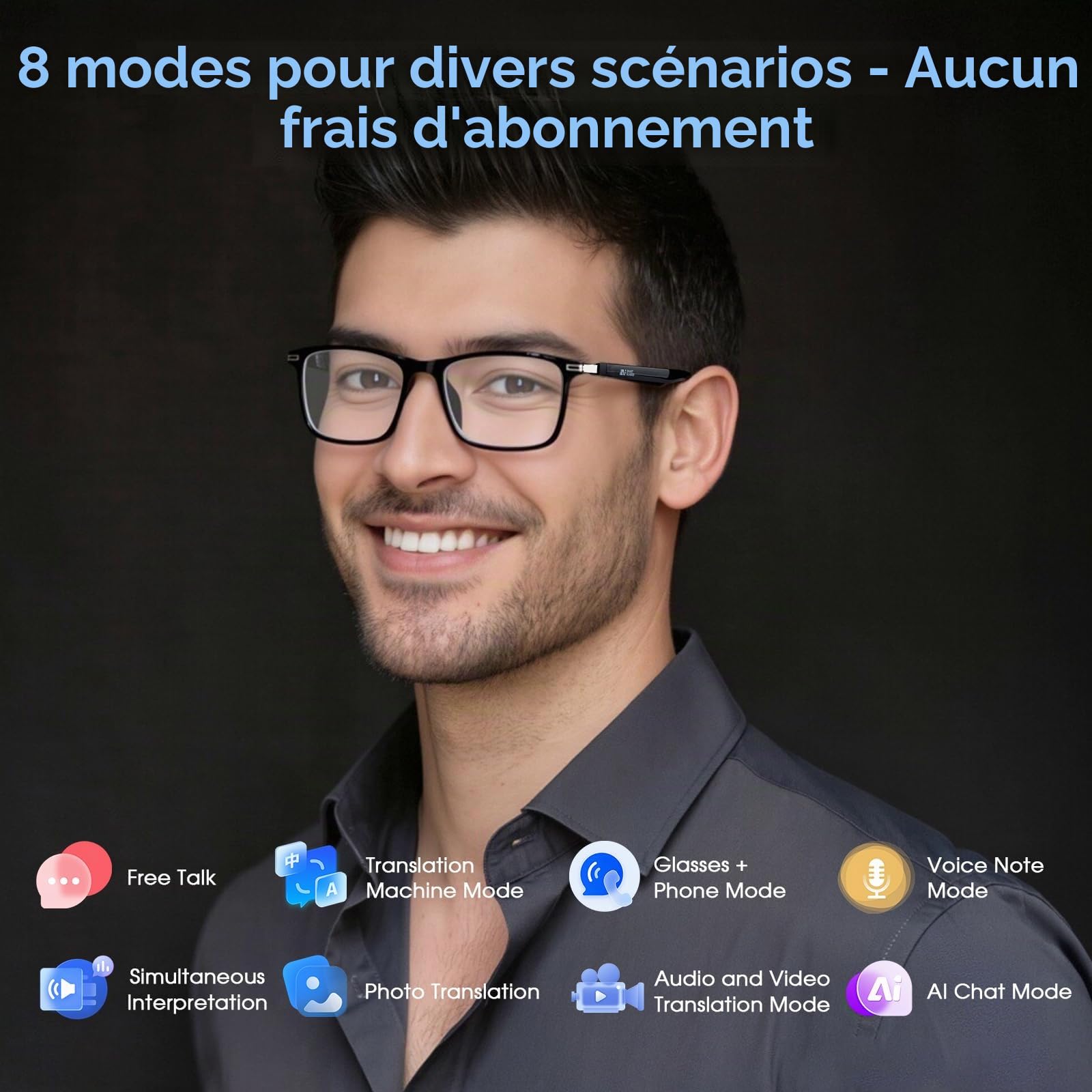 Lunettes intelligentes IA avec 160+ langues, verres à changement de couleur, haut-parleur intégré et audio clair – lunettes Bluetooth pour voyages, réunions et usage professionnel