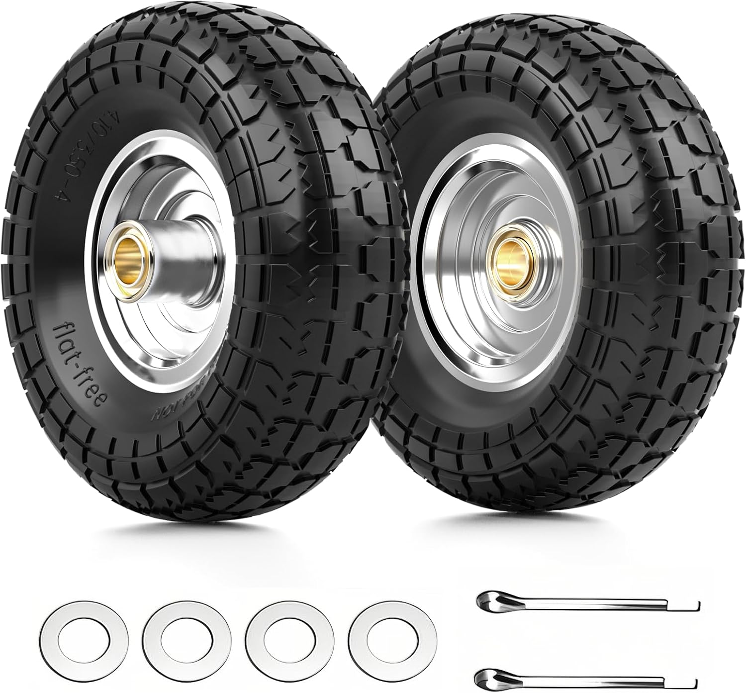 4.10/3.50-4 Flat Free Tire and Wheel, 4 Pack 10" Solid PU Heavy Duty Tires with 300LB Load Capacity, 5/8" Axle Bore Hole & 2.2" Offset Hub for Wagon Dolly Garden Cart Wheelbarrow Parts