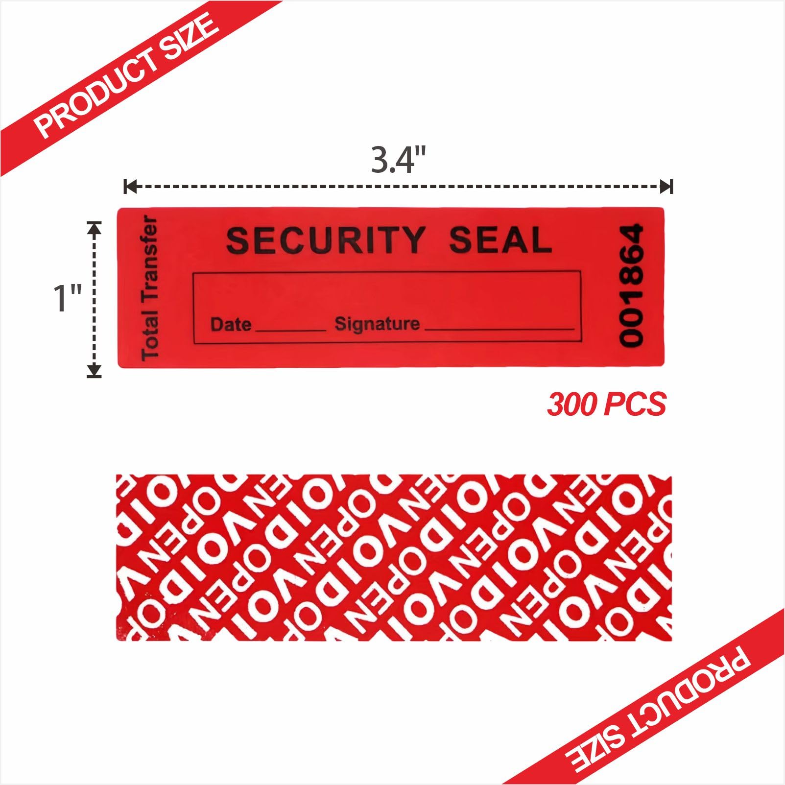 Adhesivos de seguridad para vacío – Etiquetas 100% de transferencia total a prueba de manipulaciones con números de serie triples, adhesivo de sellado, 3.4 pulgadas de largo x 1 ancho, 300 piezas