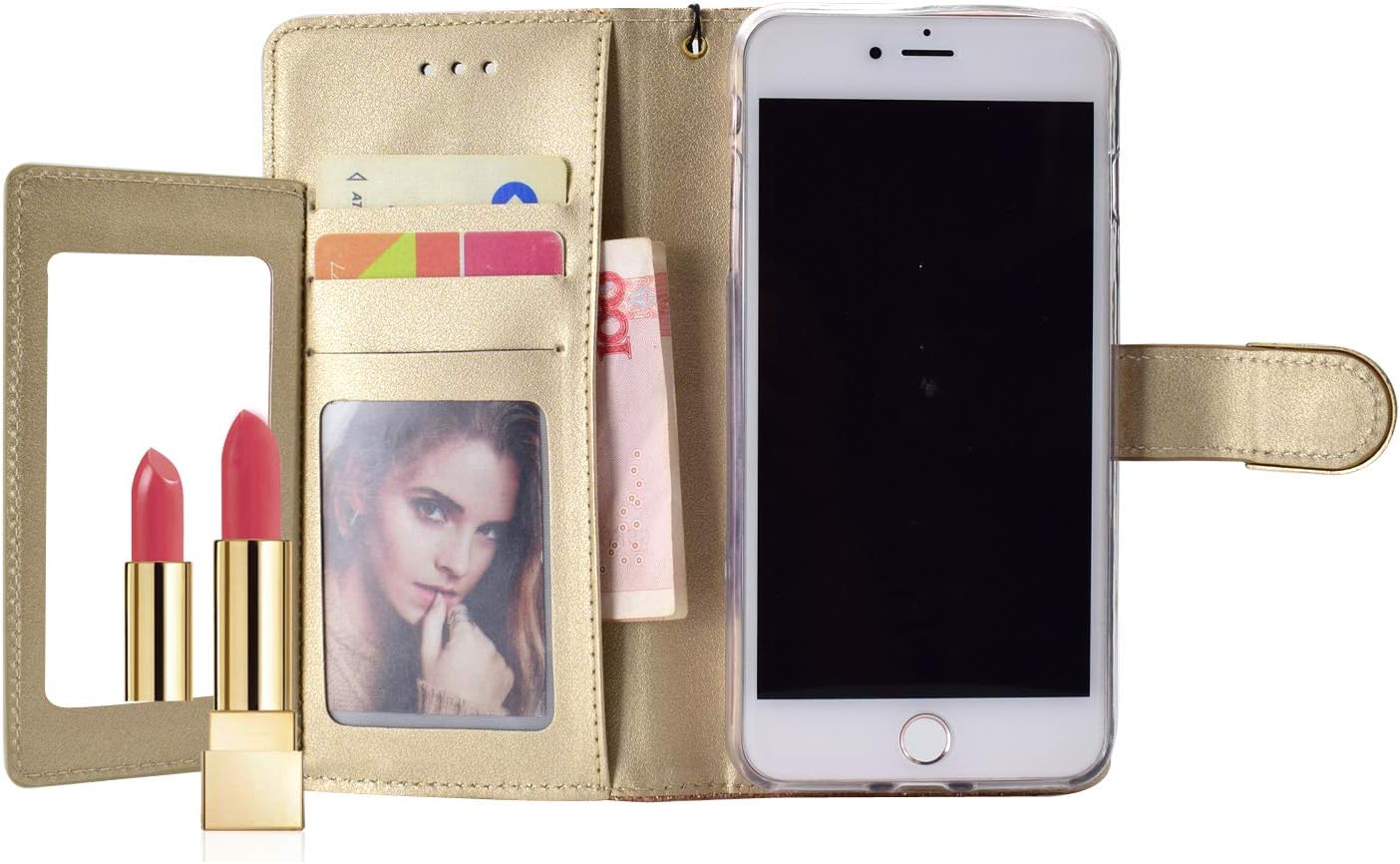 UEEBAI Wallet Flip Case for iPhone 7 Plus, Glitter PU Leather Cover with Mirror [Diamond Buckle] [Card Slots] [Magnetic Clasp] Stand Function Gems Soft TPU Case for iPhone 7 Plus/8 Plus - Gold