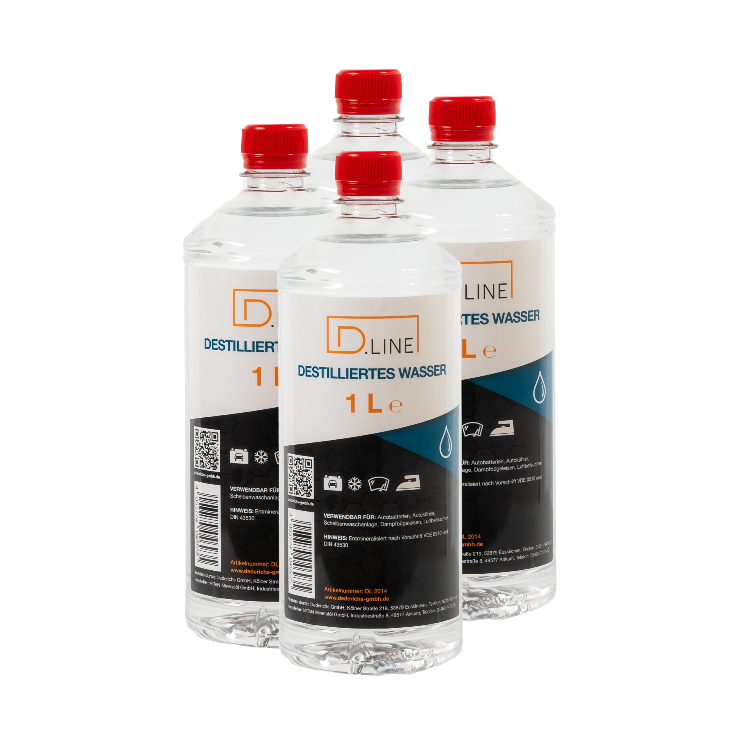D.LINE Destilliertes Wasser 1 Liter, Entmineralisiert nach Vorschrift VDE 0510 und DIN 43530 (4x 1 Liter)