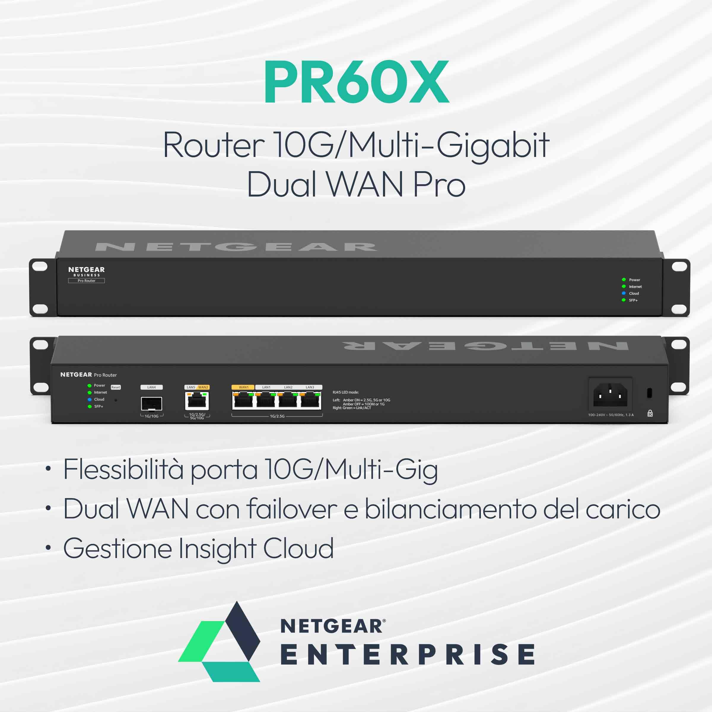 NETGEAR Router 10G/Multi‑Gigabit Dual WAN Pro con Insight Cloud Management (PR60X) – 10G SFP+ – Protezione failover – 32 VLAN – Configurazione VPN IPSec – Design rackmount