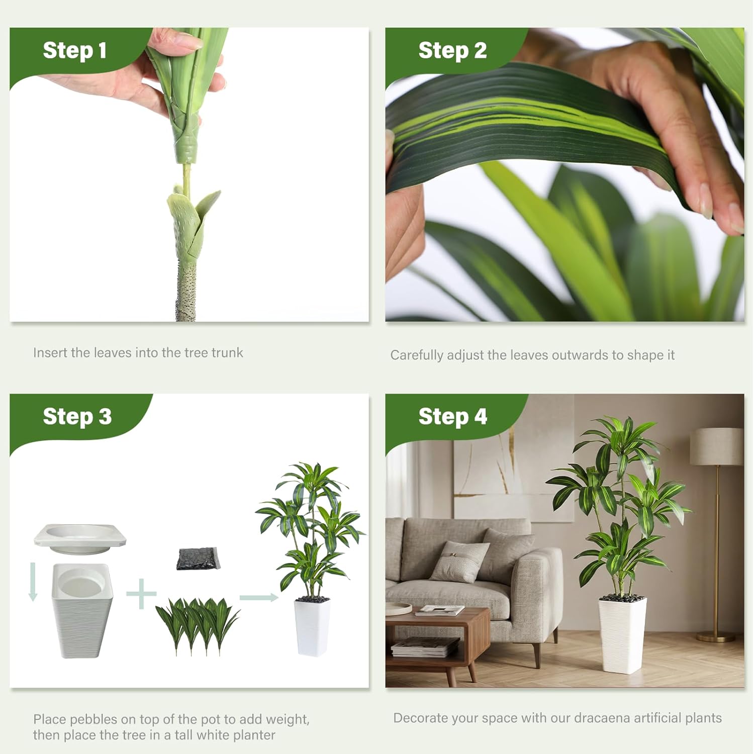 Artificial Dracaena Tree, 5FT Artificial Plants Indoor with White Tall Planter, Faux Yucca Silk Tree Fake Tropical Floor Plant in Pot, Fake Plants for Home House Room Office Entryway Porch Decor