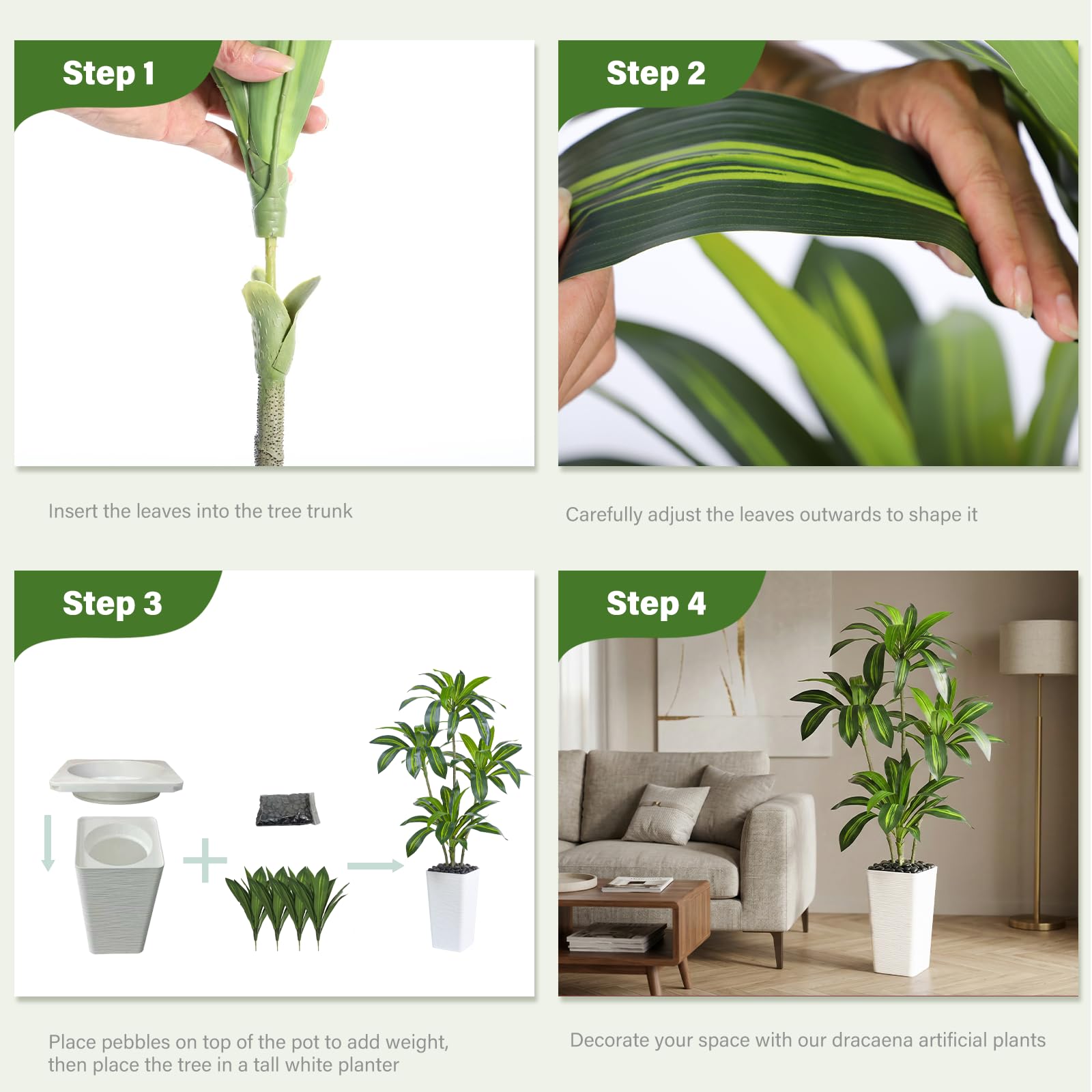 Dracaena Artificiale per Interni 150cm Albero Finto con Fioriera Bianca Alta, Pianta Finta Alta in Vaso, Pianta di Seta Artificiale per la Decorazione Della Casa, Ufficio, Soggiorno, Veranda, Patio