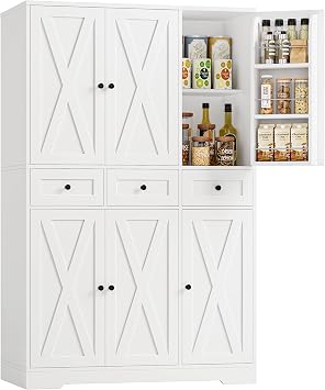 HOSTACK 67"H Farmhouse Kitchen Pantry Storage Cabinet with 3 Drawers, White