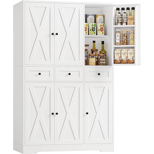 HOSTACK Modern Farmhouse Kitchen Pantry Storage Cabinet, 67" H Kitchen Pantry Cabinet with Barn Doors and Shelves, Freestanding Food Storage Cabinets with Drawers for Dining Room, Living Room, White