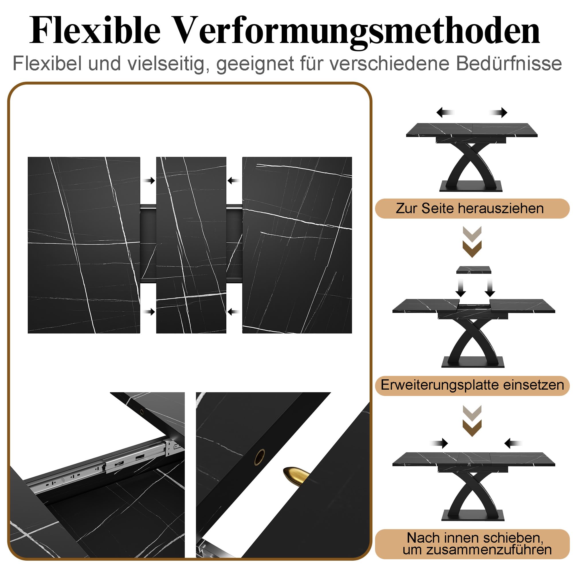 Esstisch Ausziehbar mit X-Förmige Tischbeine für 4-6 Personen, Esszimmertische Küchentisch mit Unverwechselbare Muster, Esstisch Holz Esszimmertisch Ausziehbar, 120-160x80x76 cm, Schwarz