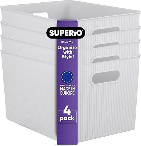 Cestas organizadoras de plástico decorativas para el hogar, color humo blanco XL (paquete de 4) cajas de contenedores para organizar estantes de