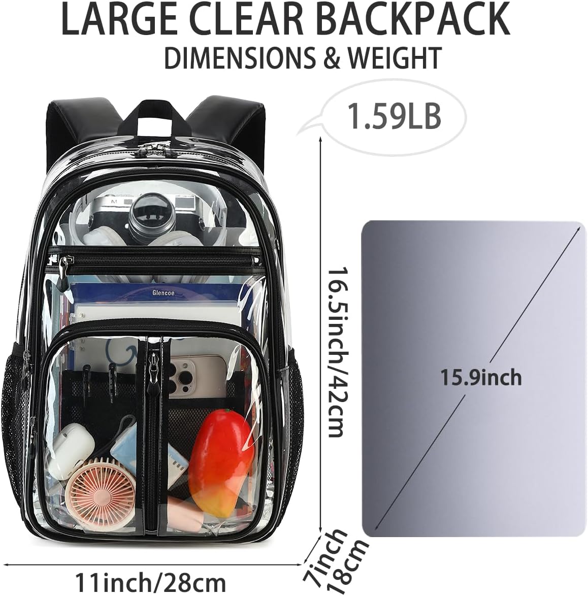 Cusangel TPU Clear backpack for Work,16.5“ See Through Heavy Duty,Large Capacity Pocket Stitch Bookbag For School,Stadiums,Warehouses, concert venues and other security checkpoints (Black) - Image 3
