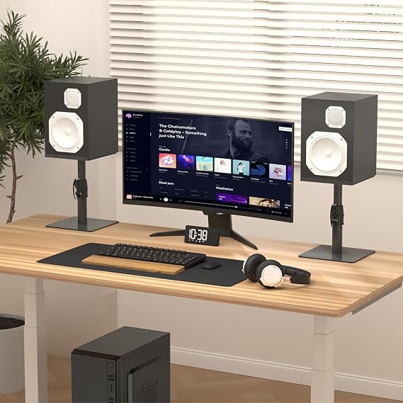 Suptek Free-Standing Speaker Stand Desktop Set, 9.6 x 8.8 inch Trays, Height Adjustment and Tilt, Universal Audio Holders for Computer and Bookshelf Speakers, Elevated Sound, 2 Pack, Black, SDM001T