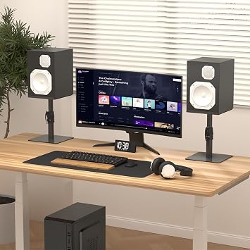 Suptek Free-Standing Speaker Stand Desktop Set, 9.6 x 8.8 inch Trays, Height Adjustment and Tilt, Universal Audio Holders for Computer and Bookshelf Speakers, Elevated Sound, 2 Pack, Black, SDM001T
