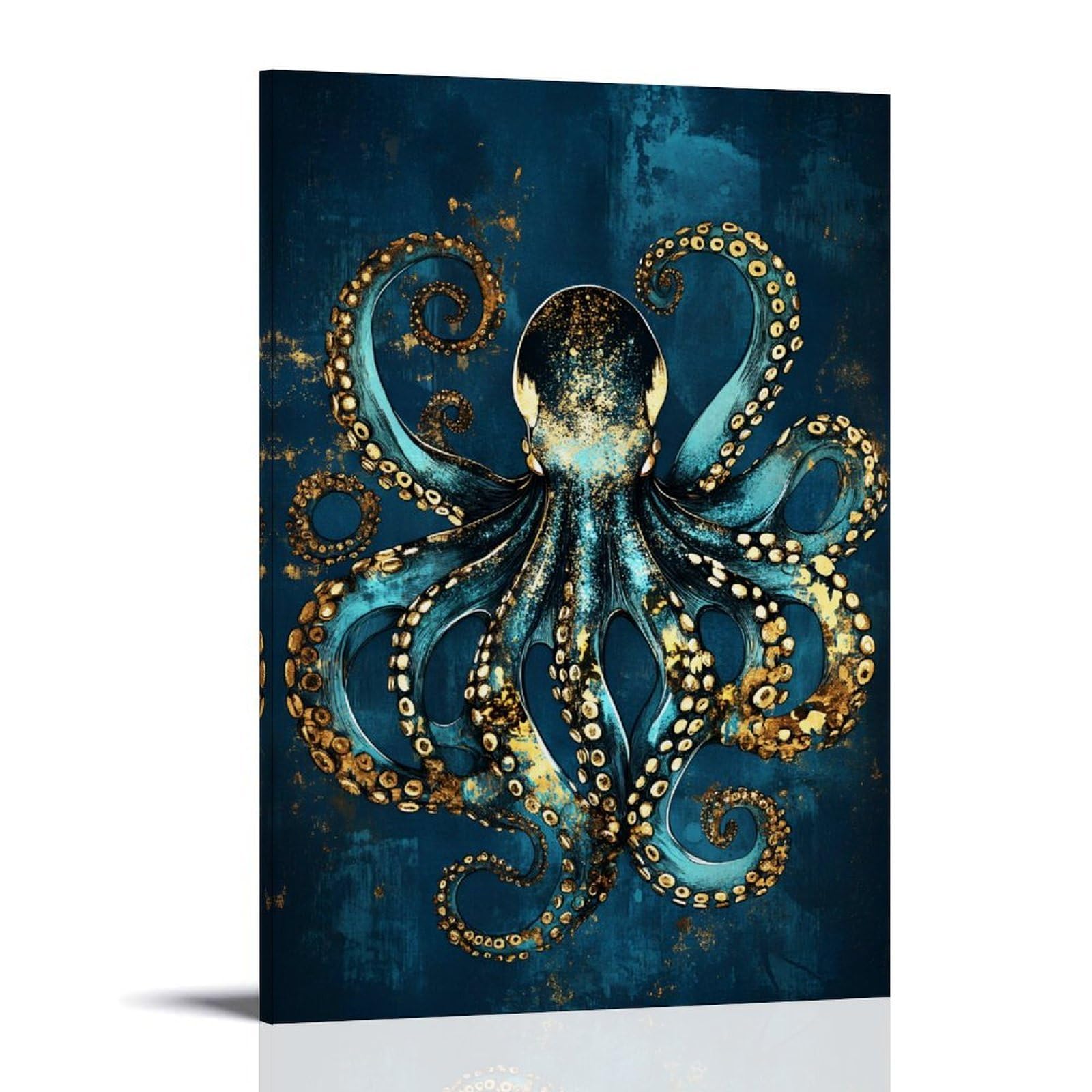 Séa Lifé inspiriertes abstraktes blau-goldenes Oktopus-Kunstwerk, elegante hängende Gemälde, Poster, Wandkunst für Wohnzimmer, Innendekoration, 60 x 90 cm