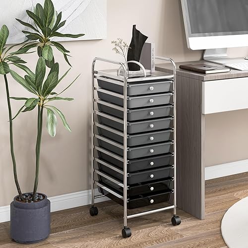 Miniatura 9 de RELAX4LIFE Organizador de manualidades y carrito de almacenamiento, carrito rodante con 10 cajones, ruedas con cerradura para herramientas, carrito