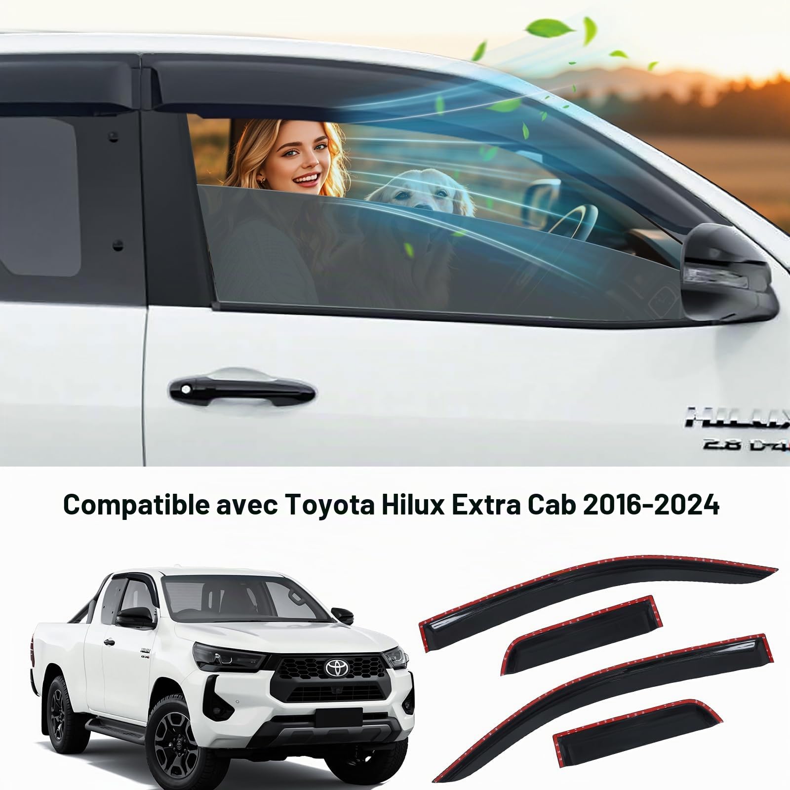 Déflecteurs de Vent Déflecteurs de Pluie pour Toyota Hilux 2016-2024 Hilux AN110 AN120 AN130 Extra Cabine 4 pièces Noir Fumé