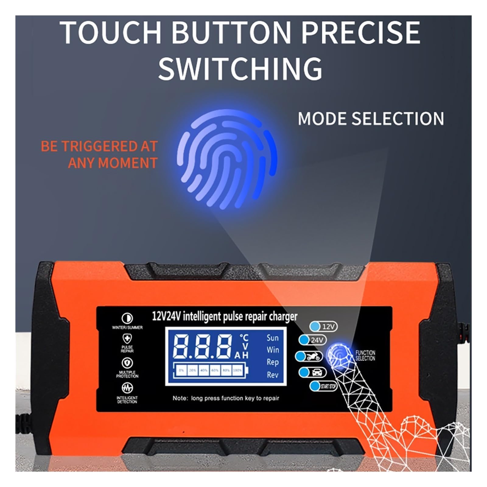 W Pełni Automatyczna Ładowarka Samochodowa 7-etapowa 12V 10A/24V 5A Inteligentne Szybkie Ładowanie Naprawa Impulsów Do Kwasowo-ołowiowego Wyświetlacza LCD Precyzyjne łAdowanie(YELLOW)