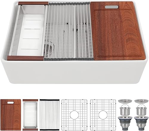 Miniatura 3 de Sarlai - Fregadero de cocina doble blanco 33 x 20 pulgadas, fregadero de cocina doble de cerámica 5050, delantal blanco