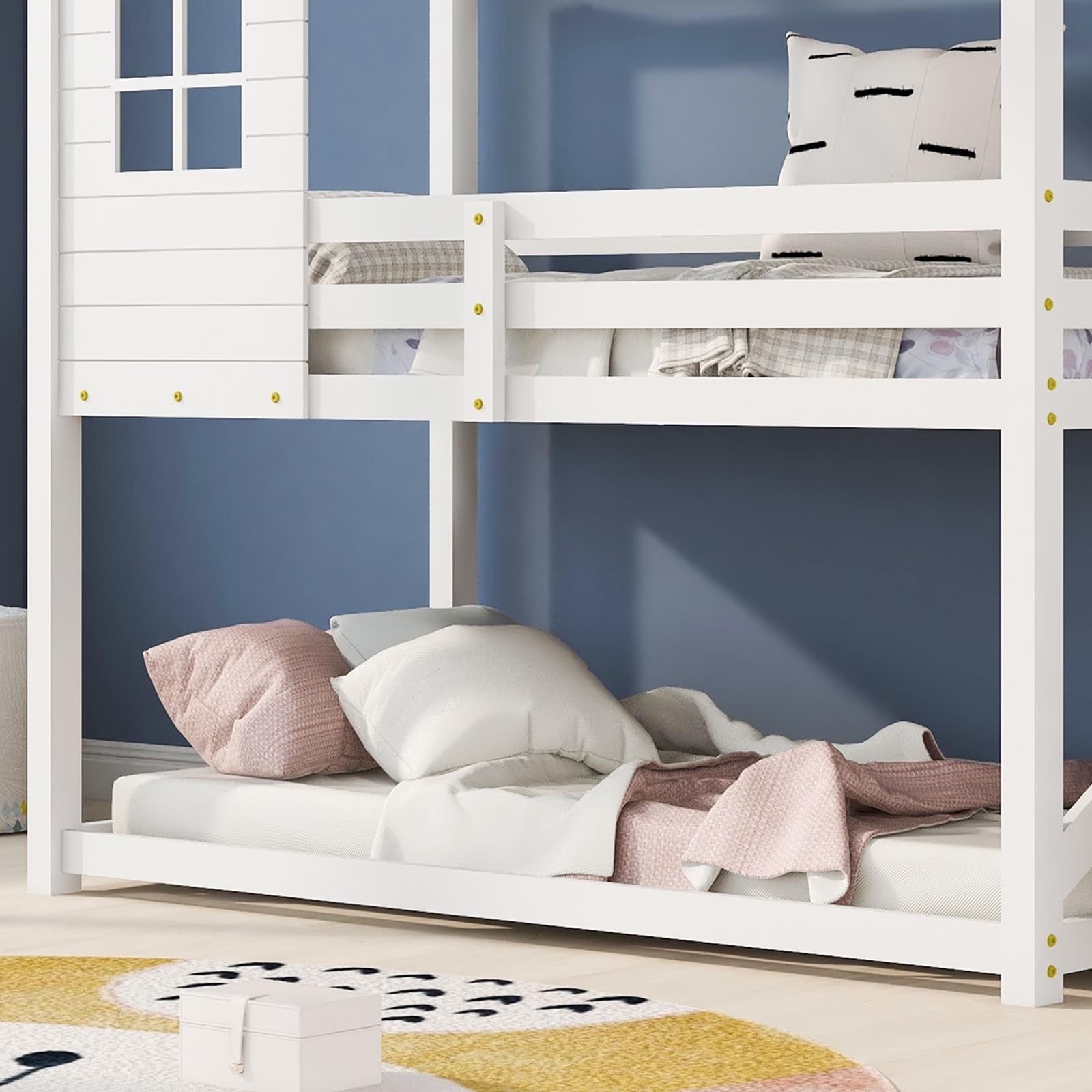 KnSam Etagenbett, Bett mit Ecktreppe, Hausbett, Kinderbett mit Fallschutz und Gitter, Hochbett mit Fenster, Rahmen aus Kiefer, Weiß (200x90cm)