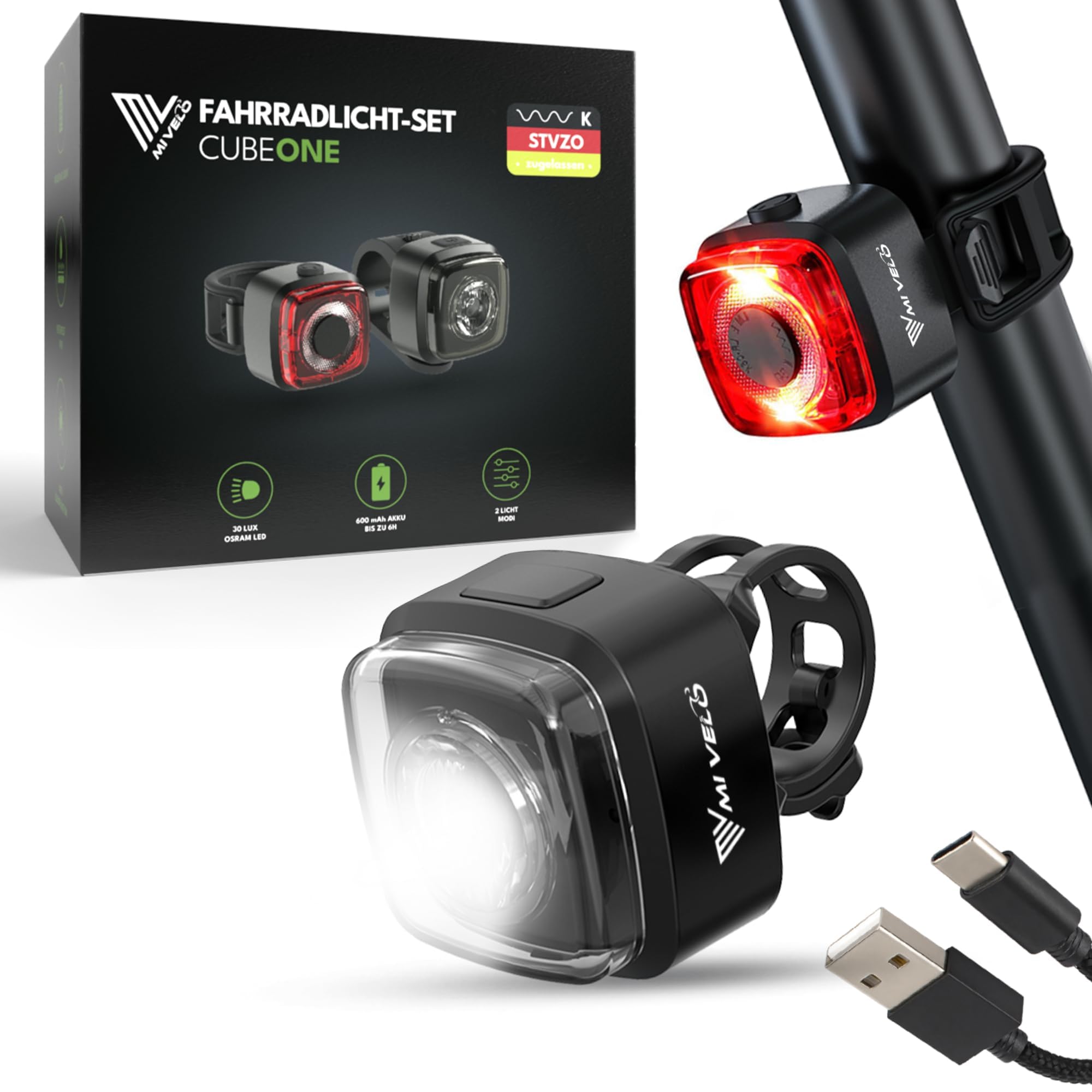 MIVELO Fahrradlicht Set StVZO zugelassen Fahrradbeleuchtung - USB-aufladbar & 100% wasserdicht LED Fahrrad Licht vorne & Fahrrad Rücklicht I Fahrradlampen extra hell
