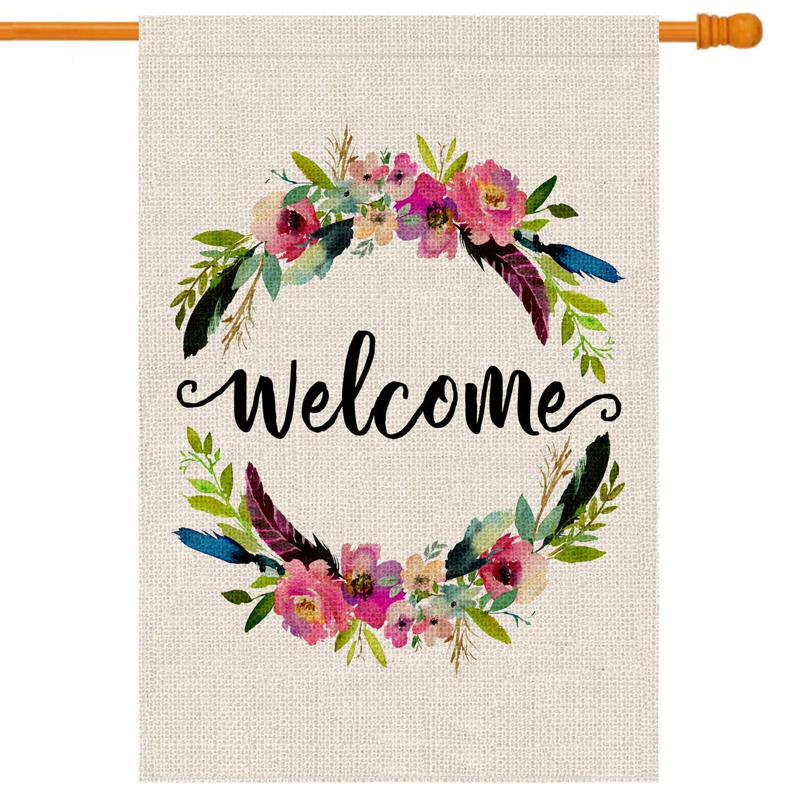 PartyBuzz Spring Summer Welcome House Flag Watercolor Floral Wreath (28x40, Double Sided) Large Spring Summer Burlap House Flag