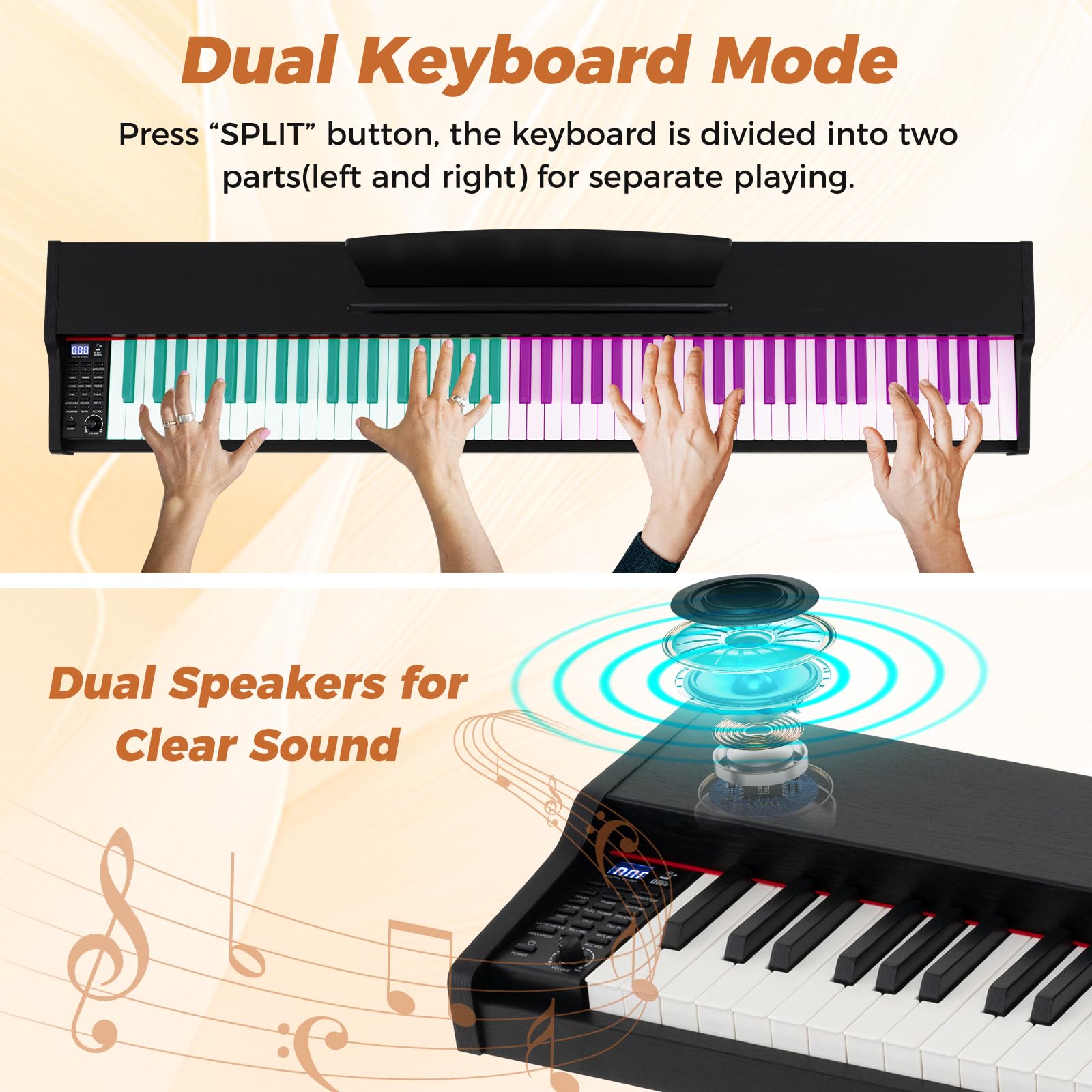 Piano Digitale a 88 Tasti, Tastiera Elettrica Semipesata di Misura Completa con Supporto Regolabile, Tre Pedali, Doppie Casse (Black)