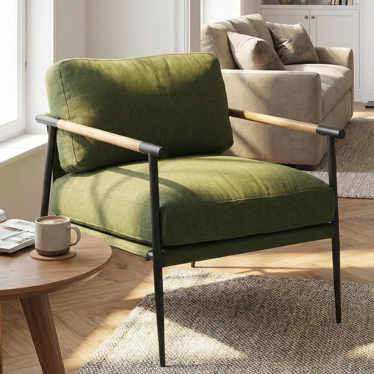 LukeAlon Mid-Century Linen Accent Chair, Ultra Soft Living Room Chair with Metal Legs Modern Armchair Reading Nook Chair Lounge Chair Upholstered Comfy Leisure Chair for Bedroom Waiting Room, Green