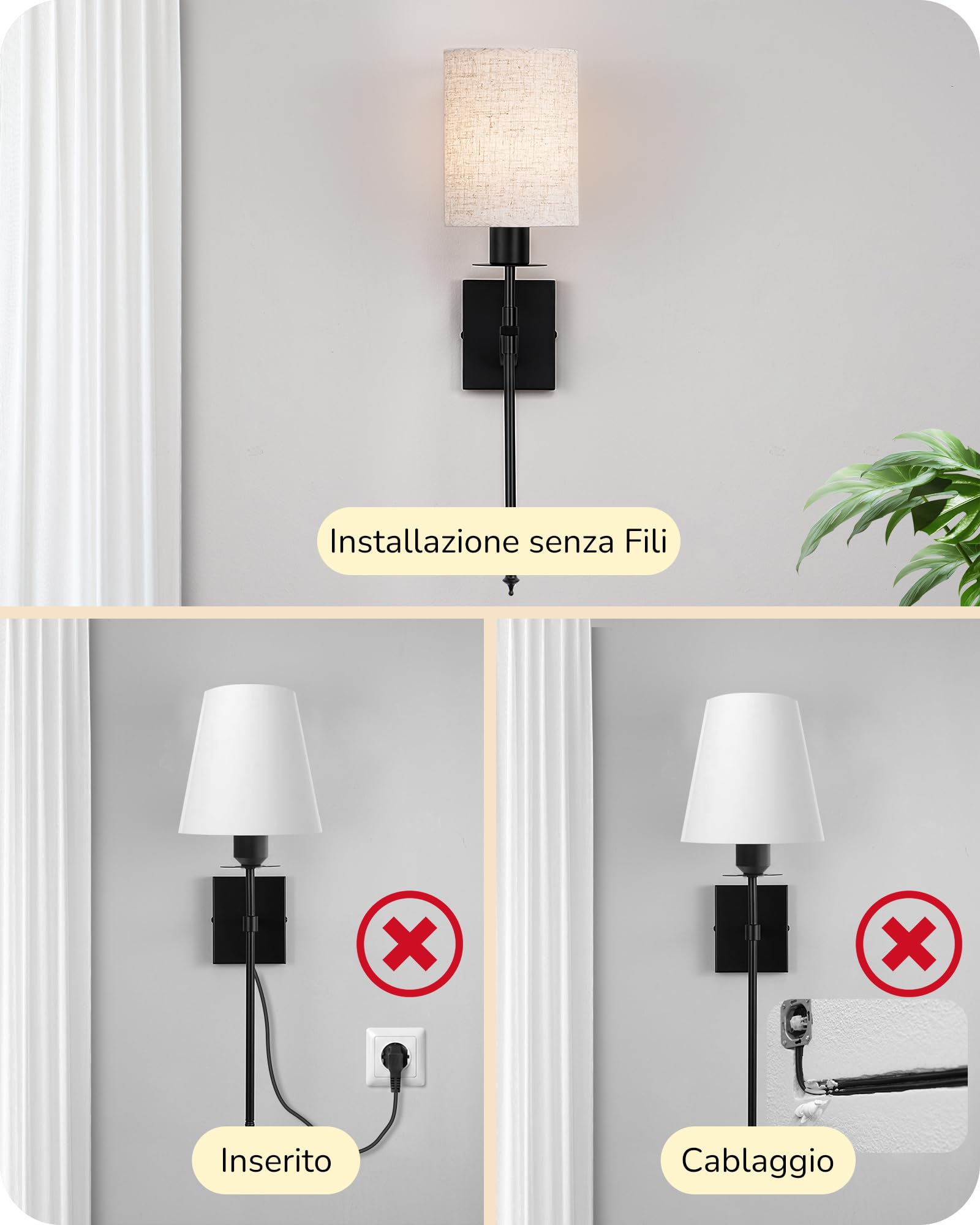 EDISHINE Lampada da Parete Interni Senza Fili 2 Pezzi, Telecomando e Lampadina E27 RGBW Dimmerabile e Ricaricabile, 3000K-4500K-6000K, Paralume Beige, Base Nera per Soggiorno, Camera, Corridoio