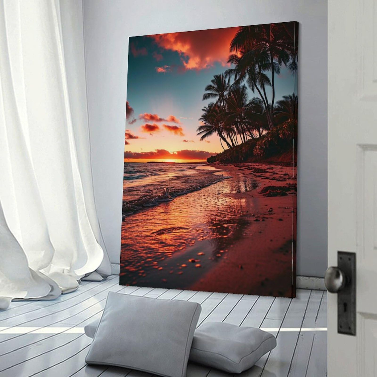Amazon.co.jp: 絵画 夕暮れ時のヤシの木のあるビーチインテリア 絵画